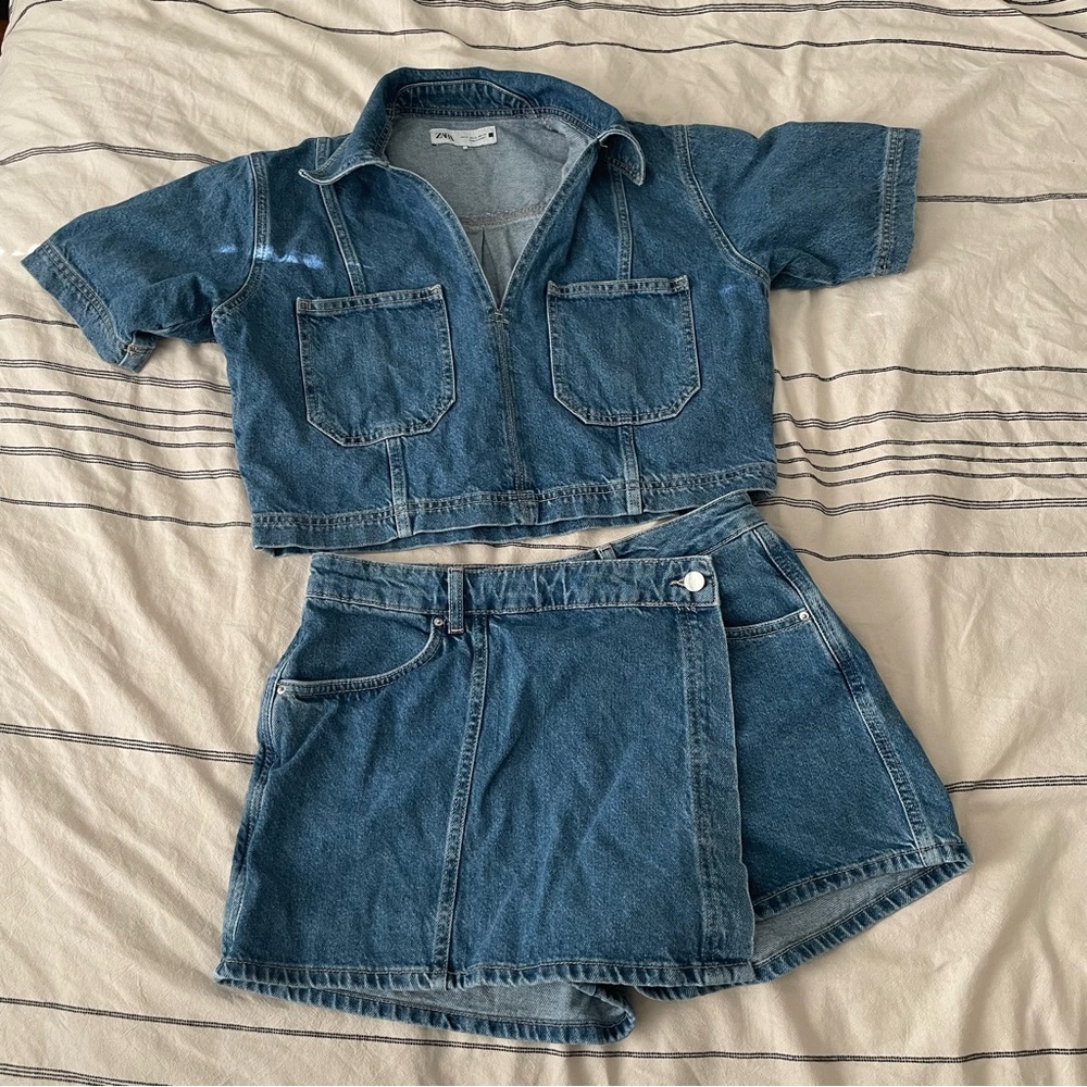 Zara wrap denim skort and shirt set